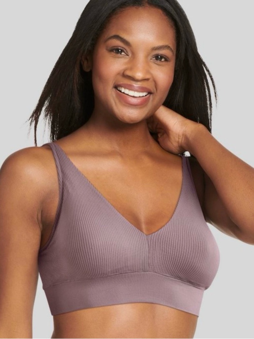 Seamless Ribbed V-Neck Wireless Bralette - Mauve